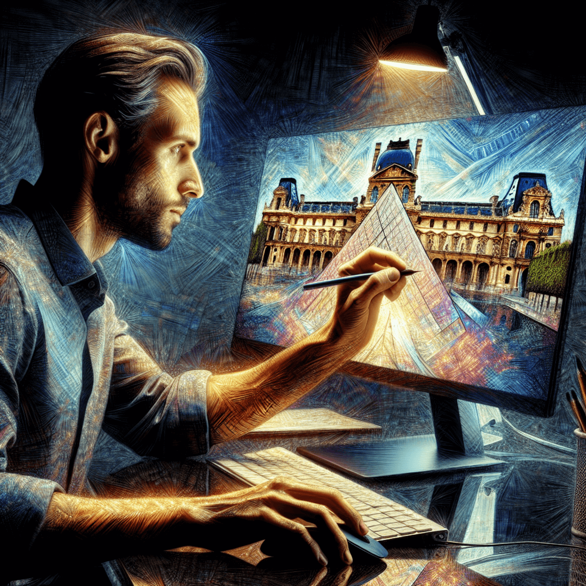 A man sitting in front of a desktop and tracing the image of the louvre on their screen